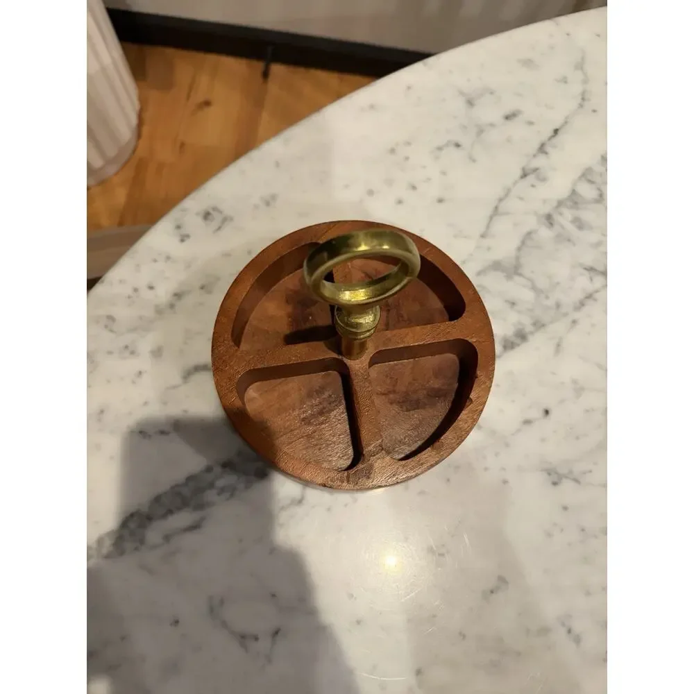Round Wood Divided Serving Tray w/ Brass Tone Ring Handle, 4 Compartments 6 in